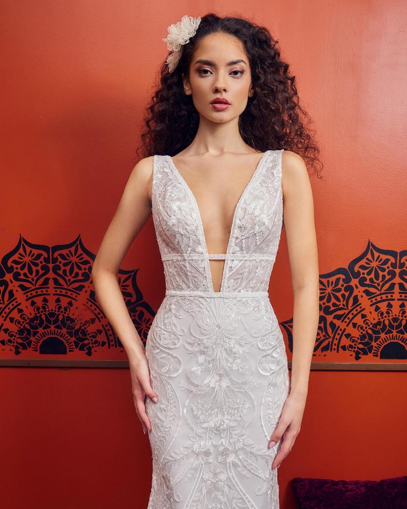 Lp2352 lace deep v wedding dress with lace cap sleeves4